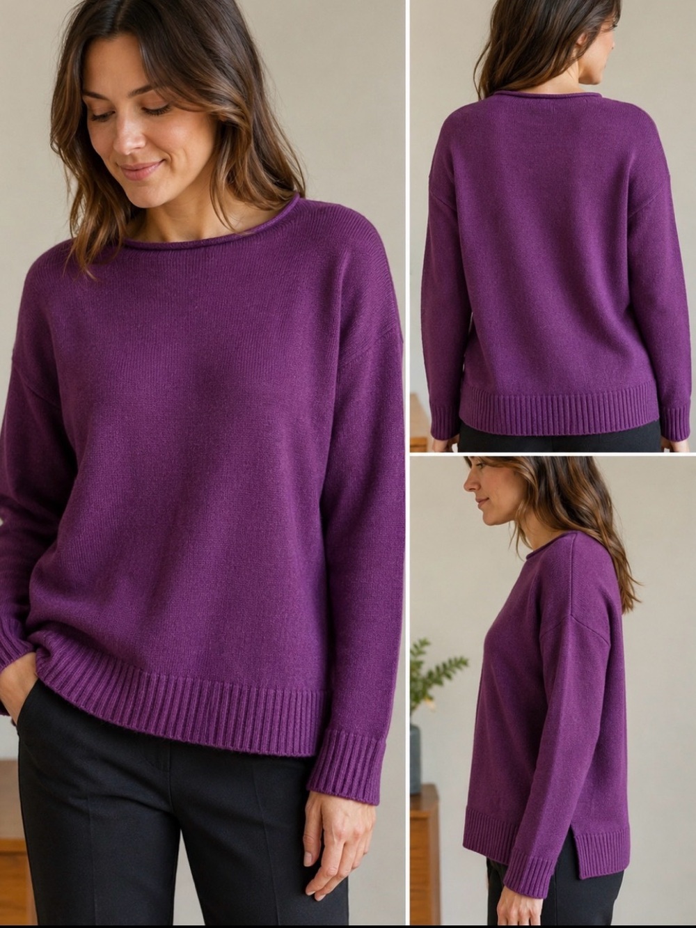 Eileen‎ Fisher Purple Merino Wool Roll Neck Sweater Women’s Small Italian Yarn